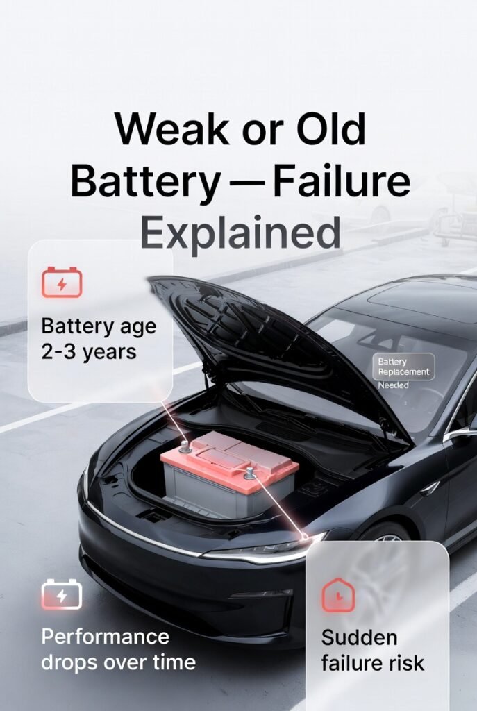 Old car battery causing starting issues with infographic explanation