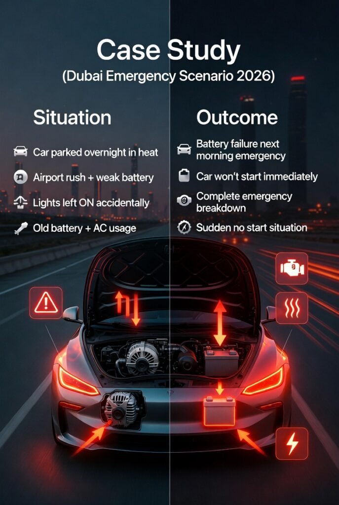 Dubai 2026 emergency case study showing car battery failure causes like heat, lights left ON, and alternator failure with outcomes