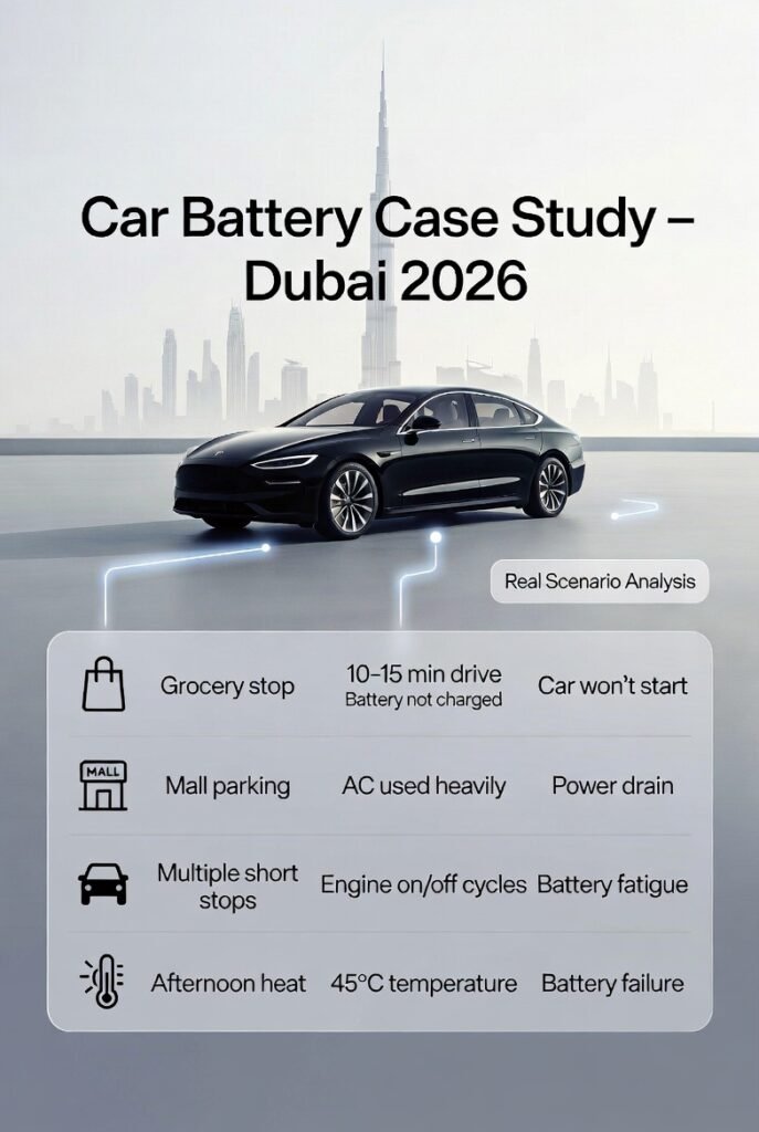 Case study table showing car battery failure scenarios in Dubai with infographic layout