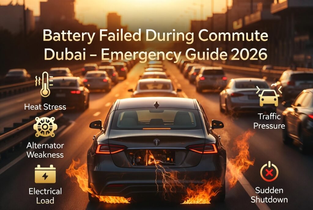 Car battery failure during commute in Dubai traffic showing heat stress and sudden shutdown emergency