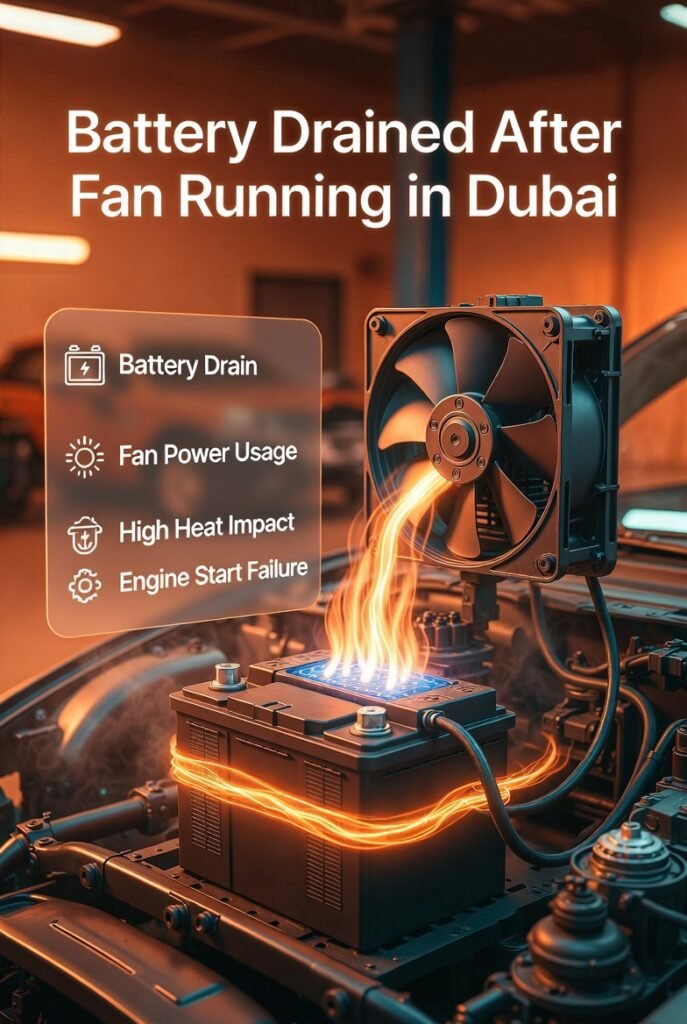 Car battery draining while cooling fan is running, showing title “Battery Drained After Fan Running in Dubai” with side points explaining battery drain and power usage.