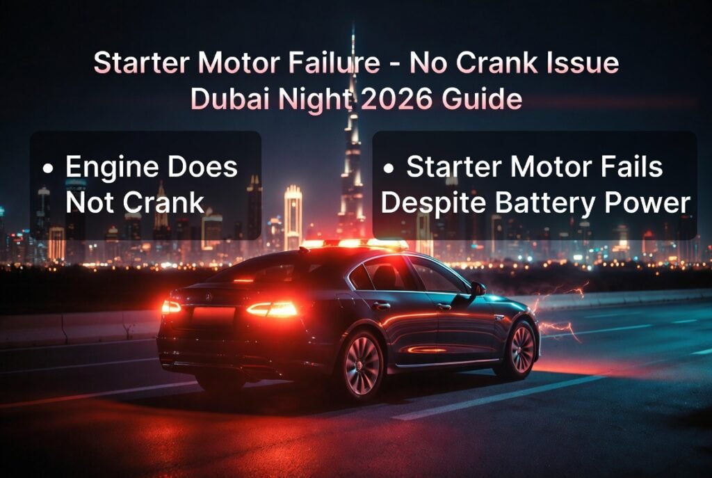 Starter motor failure at night in Dubai showing car cannot crank even when battery has partial power causing breakdown.