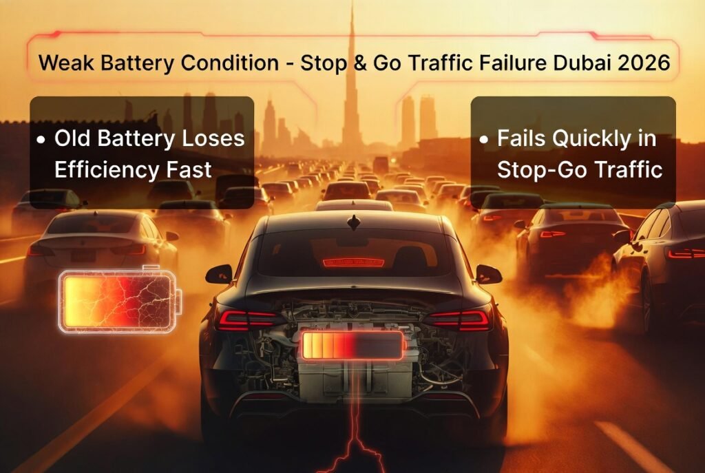 Weak car battery condition in Dubai stop-and-go traffic showing old batteries failing faster under heat and congestion.