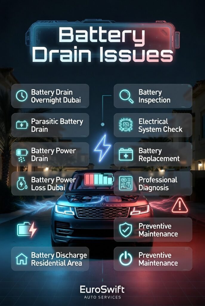 Car battery showing energy drain with low battery indicators and fading power effects in a modern luxury vehicle infographic.