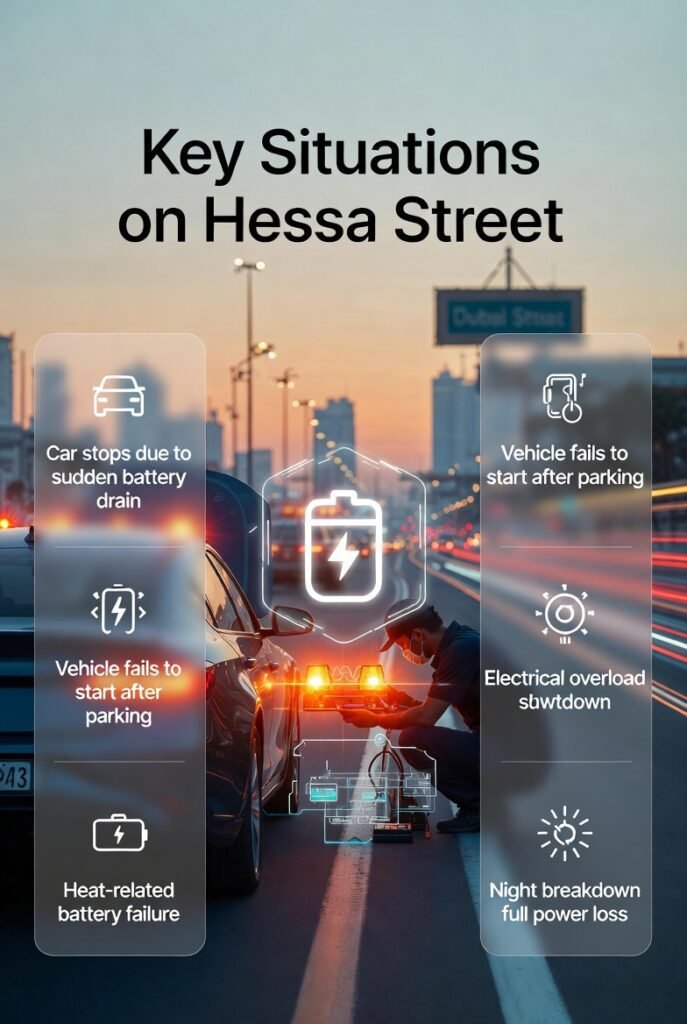key situations on Hessa Street Dubai showing car battery failure emergency roadside assistance with technician inspecting vehicle