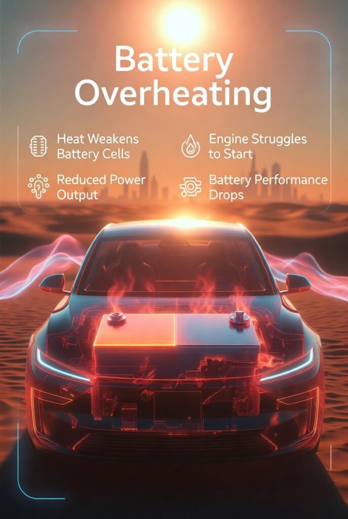 Car battery overheating due to extreme heat causing reduced power and engine starting issues