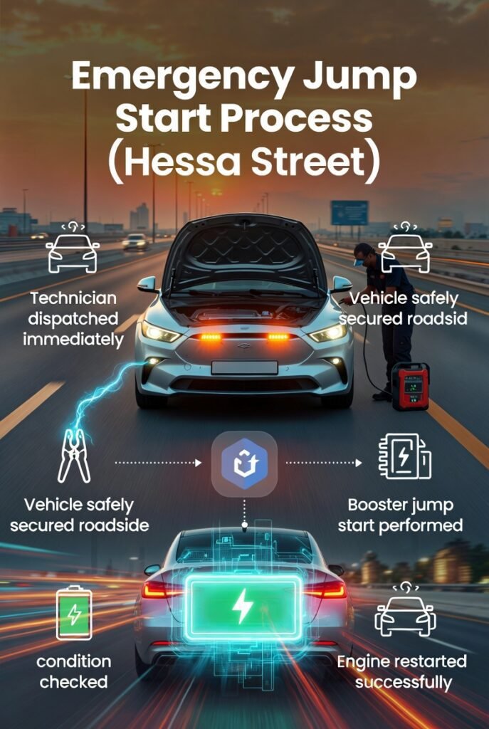 emergency jump start process on Hessa Street Dubai showing technician battery boost and vehicle restart step by step roadside assistance