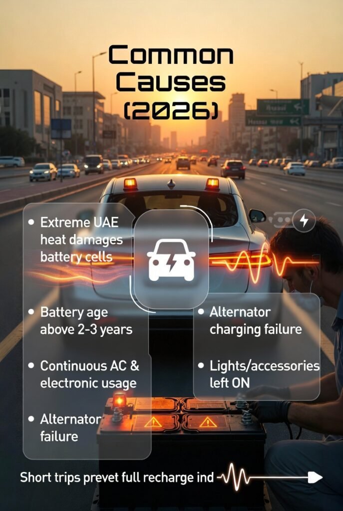 common causes of car battery failure on Hessa Street Dubai showing heat damage alternator failure and battery drain roadside assistance
