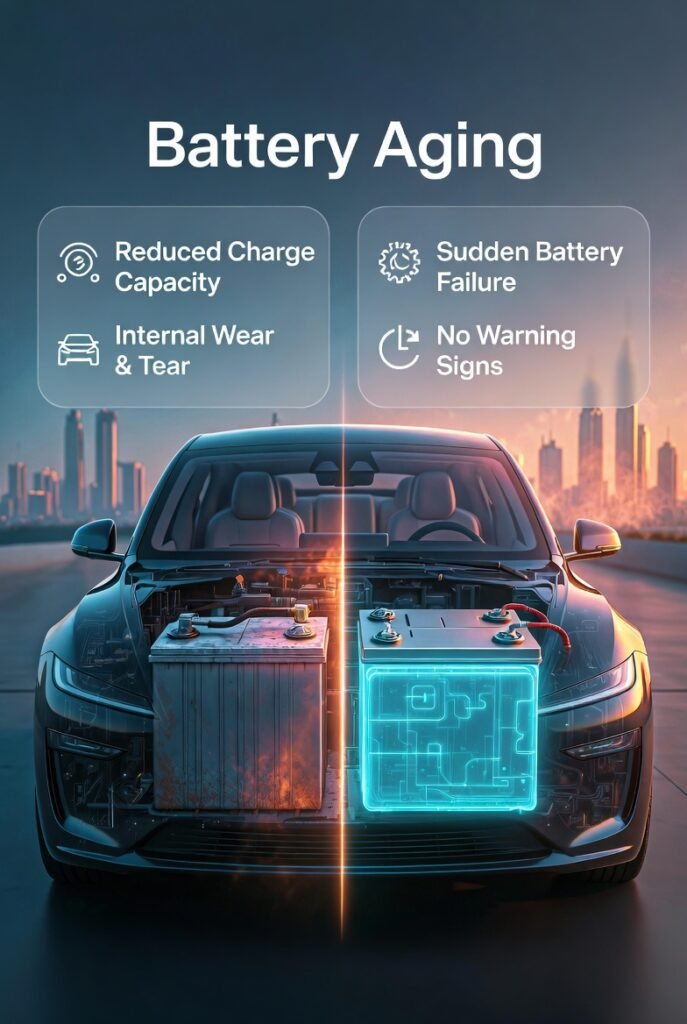 Battery Aging – Sudden Car Battery Failure in Dubai Old car battery losing capacity and failing suddenly without warning in Dubai conditions
