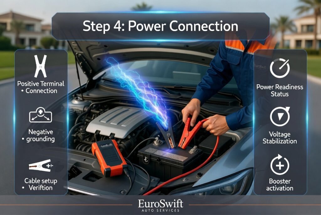 Technician connecting jumper cables and booster device to car battery terminals during roadside jump start service.