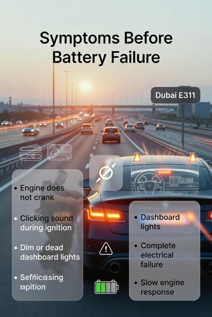 symptoms before car battery failure showing engine not cranking dim lights and clicking sound on E311 Dubai highway roadside