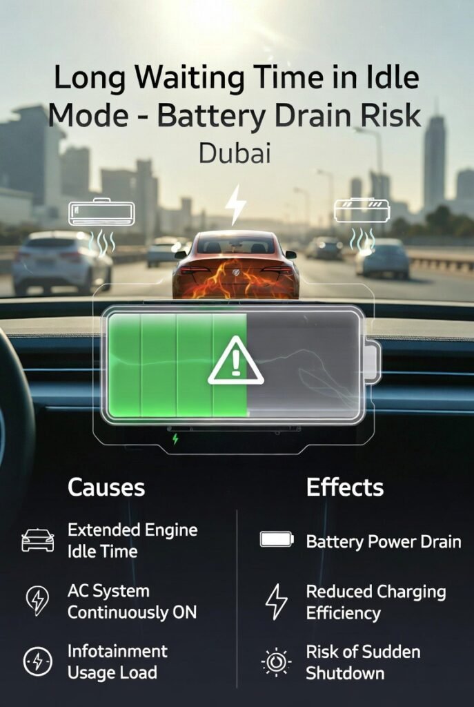 Car battery draining while engine is idle with AC and accessories running in Dubai traffic conditions.