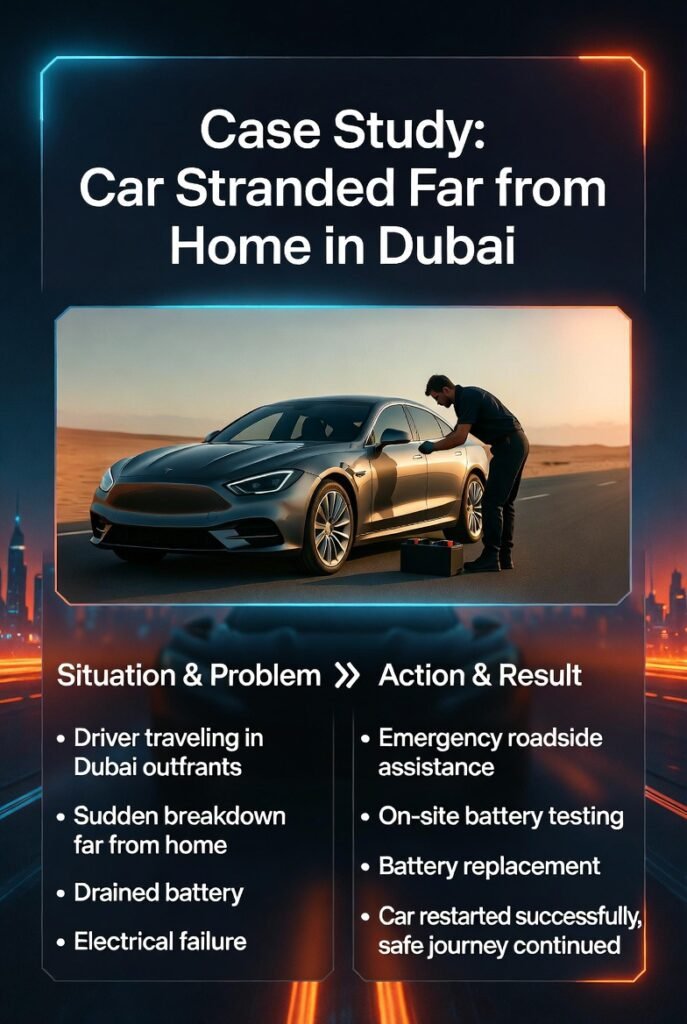Case Study: Car Stranded Far from Home in Dubai – Real Solution (2026) Case study image showing a car stranded in Dubai with a technician providing roadside battery replacement and highlighting situation, problem, action, and result.