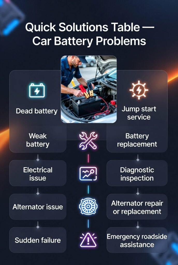 Infographic showing quick solutions table for car battery problems like dead battery, weak battery, and alternator issues.