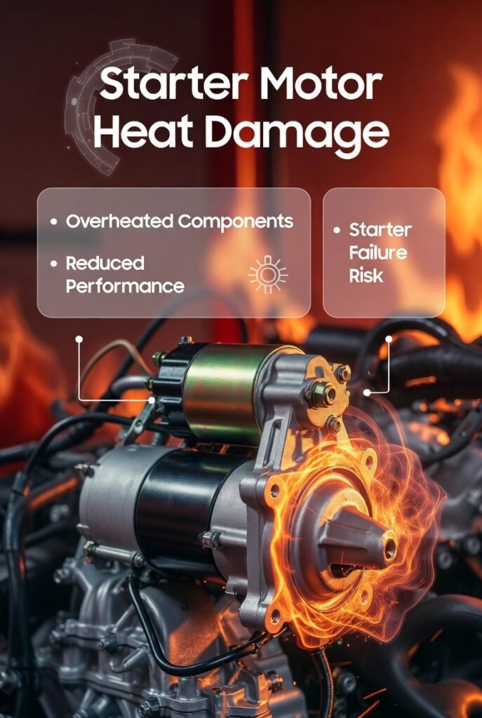 Overheated starter motor with heat damage effects, showing title “Starter Motor Heat Damage” and side points explaining reduced performance and starting issues.