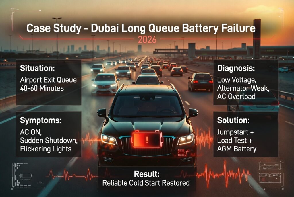 Dubai airport exit queue battery failure case study showing SUV breakdown due to heat, low voltage, and alternator issues with solution and recovery.