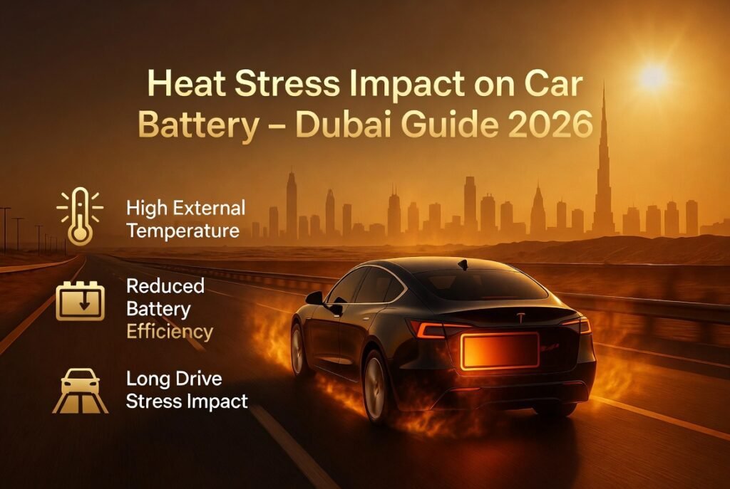 Car battery heat stress in Dubai showing reduced efficiency during long drives due to high temperature