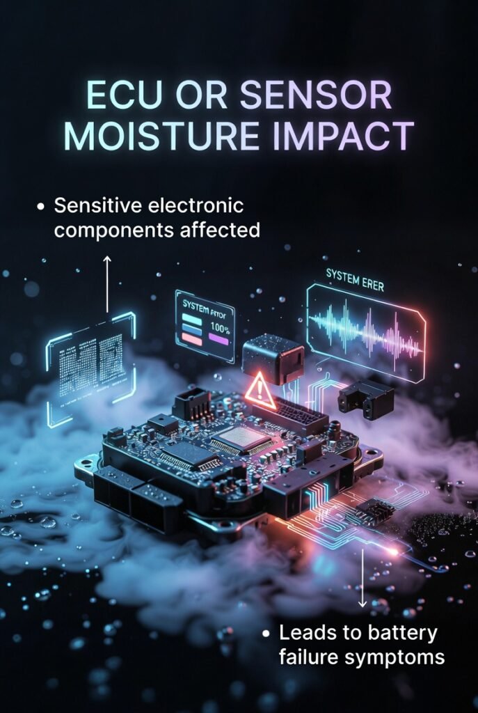 ECU or sensor moisture impact infographic showing electronic component damage system malfunction and battery failure symptoms