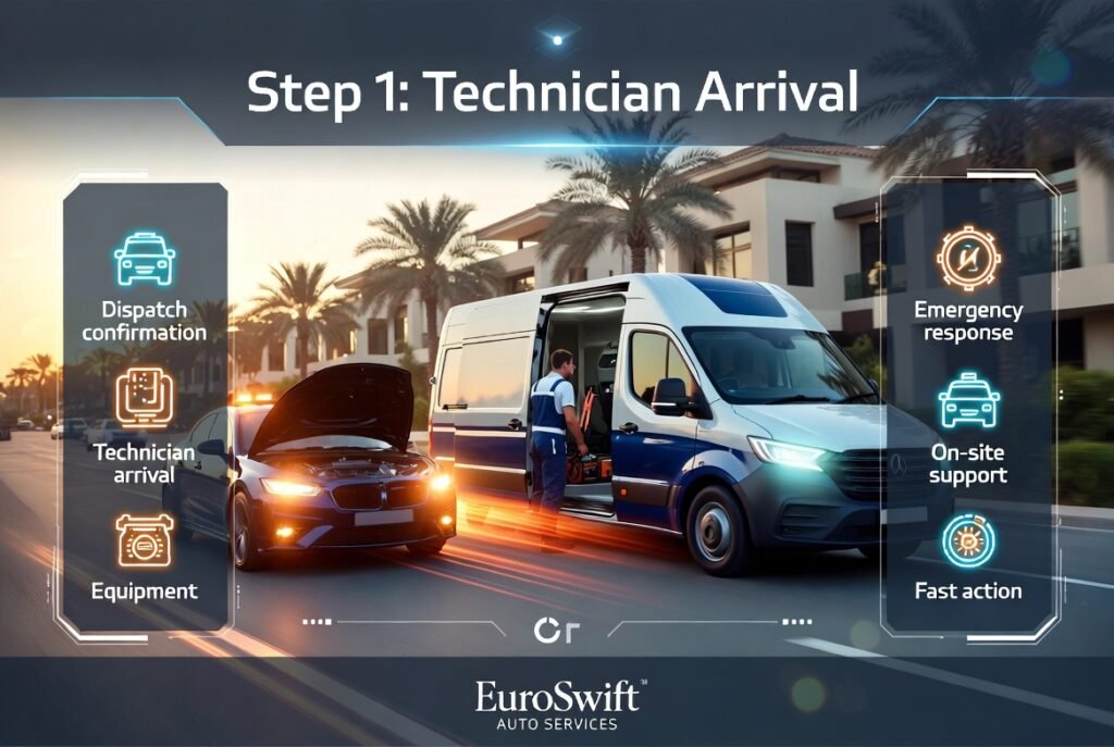 Mobile technician arriving in Damac Hills 2 with equipment for emergency roadside jump start service beside a broken-down vehicle.