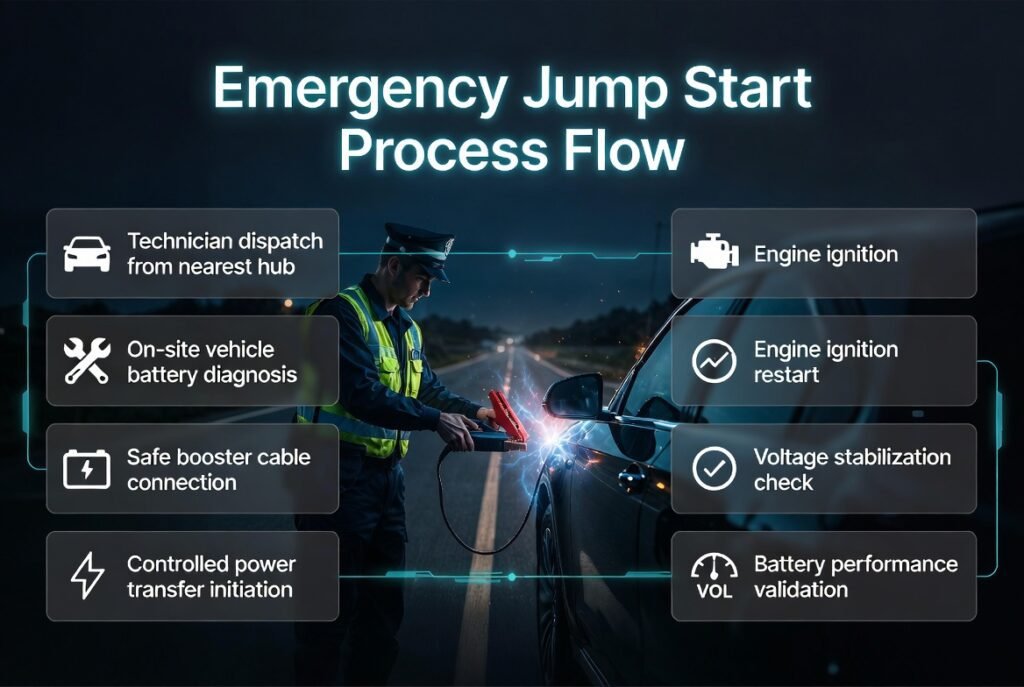 Infographic showing emergency jump start process flow with technician dispatch, battery diagnosis, cable connection, engine restart, and system checks in a modern automotive design.