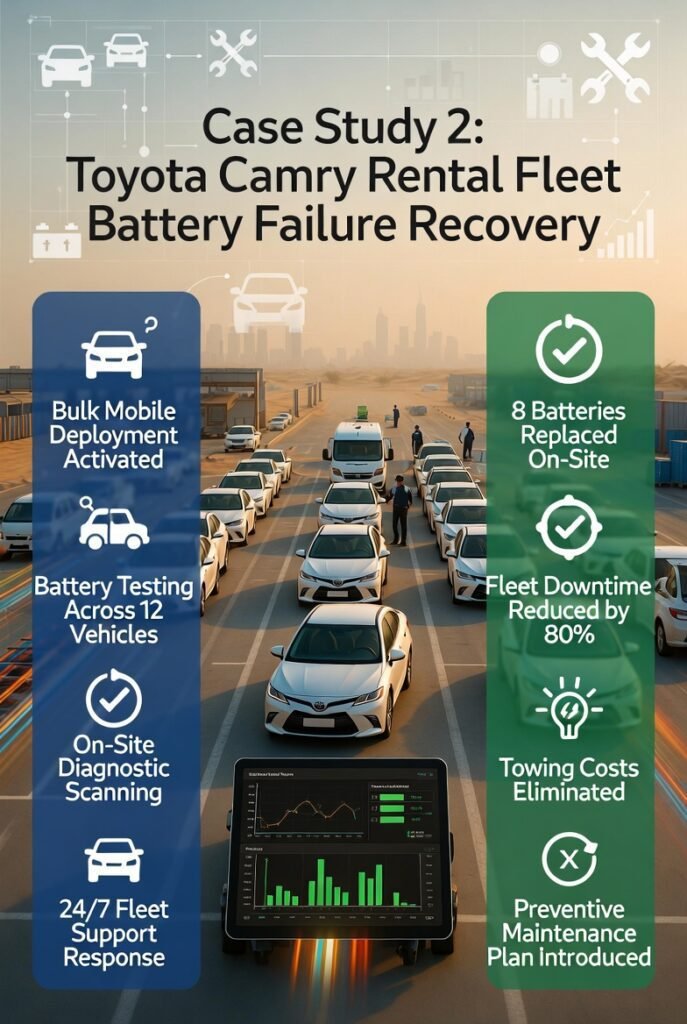 Mobile battery service technicians performing on-site diagnostics and battery replacement for Toyota Camry rental fleet in Ajman with multiple vehicles being serviced and fleet downtime reduction highlights displayed.