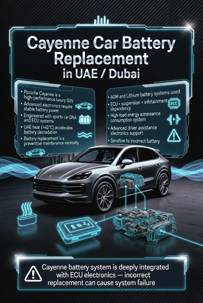 Luxury Porsche Cayenne battery replacement infographic showing UAE heat impact, ECU dependency, and advanced AGM and lithium battery systems.