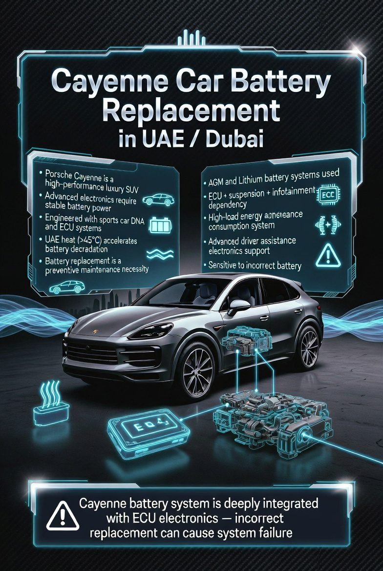 Luxury Porsche Cayenne battery replacement infographic showing UAE heat impact, ECU dependency, and advanced AGM and lithium battery systems.