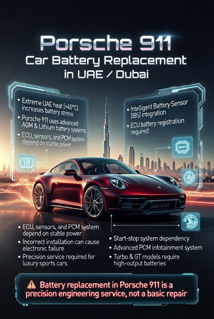 Luxury Porsche 911 battery replacement infographic showing UAE heat impact, ECU dependency, and advanced automotive battery systems.
