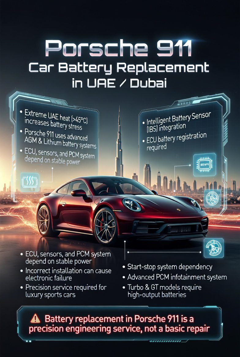 Luxury Porsche 911 battery replacement infographic showing UAE heat impact, ECU dependency, and advanced automotive battery systems.