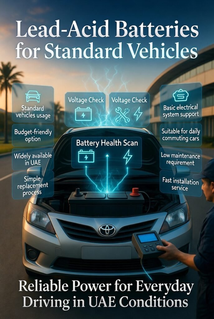 Lead-acid battery installation for standard vehicles in UAE showing technician checking car battery with diagnostic tool in roadside service environment