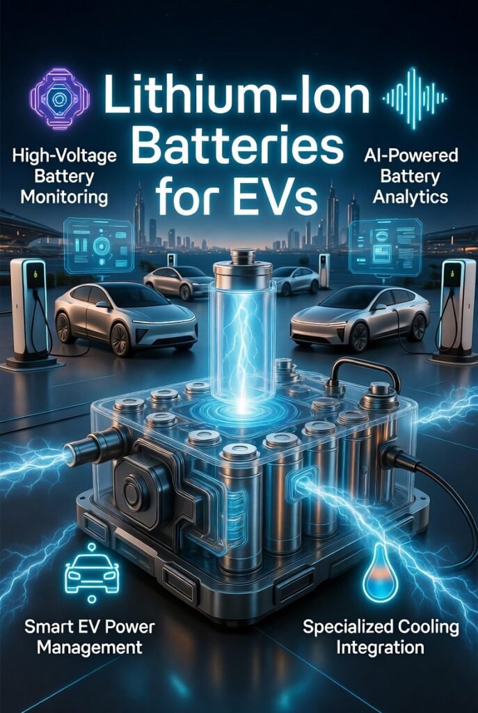 Futuristic lithium-ion EV battery infographic showing AI-powered battery analytics, thermal management systems, and high-voltage monitoring technology in Dubai.