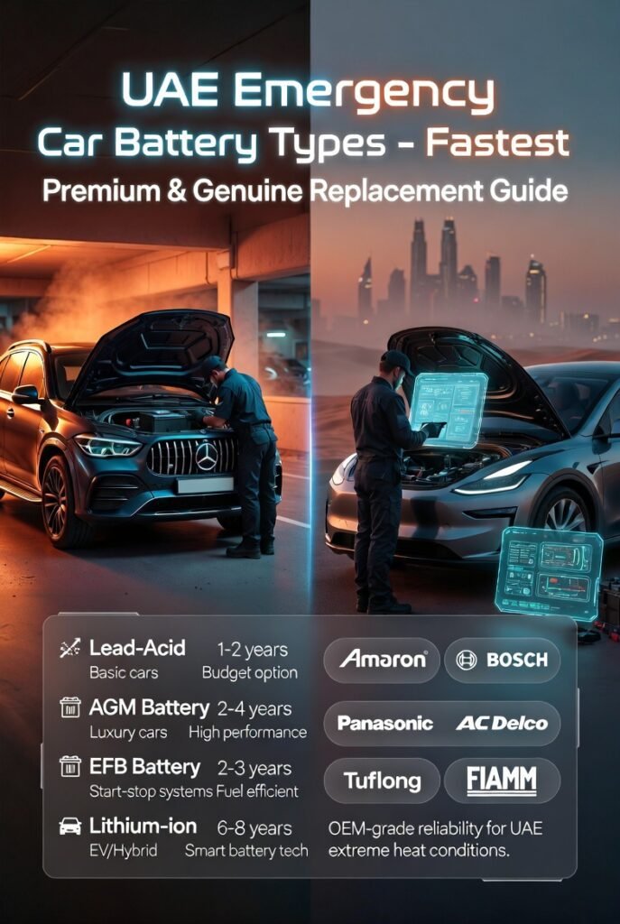 Infographic showing different car battery types used in UAE emergency replacement services including lead-acid, AGM, EFB, lithium-ion, and calcium batteries with premium brands like Bosch, Amaron, and Exide displayed alongside luxury and EV vehicles in a Dubai roadside service environment.