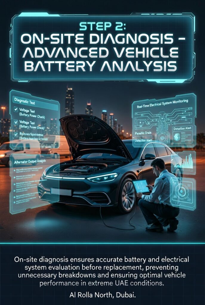 Roadside on-site car battery diagnosis in Dubai showing voltage test, alternator analysis, ECU scanning, and battery health report using advanced diagnostic tools.