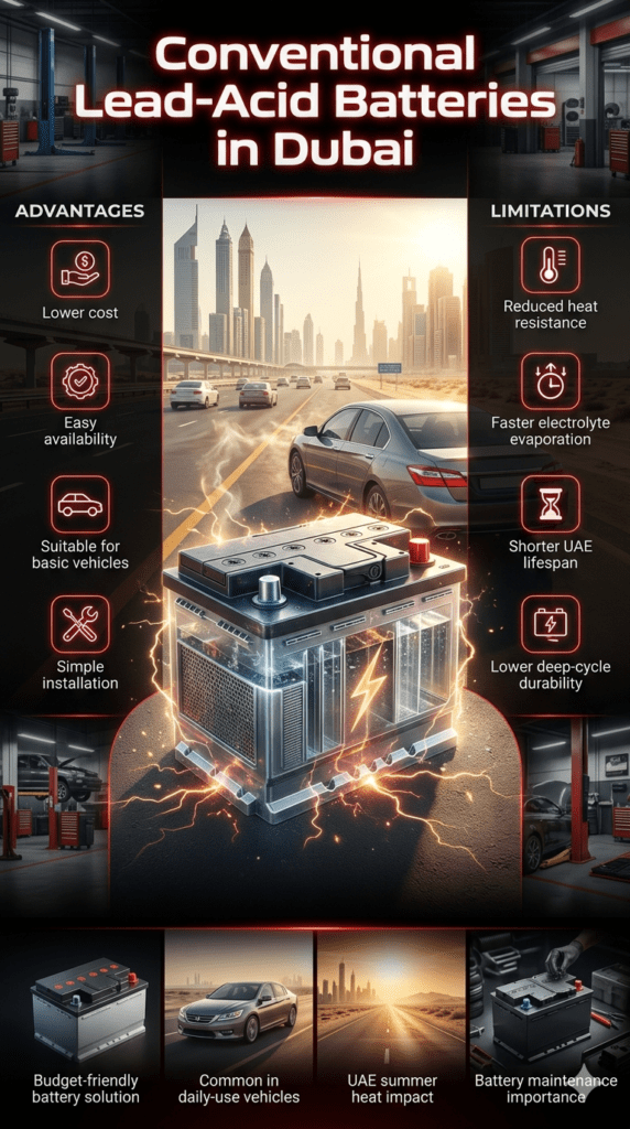 Conventional Lead-Acid Batteries in Dubai – Advantages & Limitations Guide Premium automotive infographic showing a conventional lead-acid car battery in Dubai summer heat with advantages and limitations, including low cost, easy installation, electrolyte evaporation, and reduced heat resistance.