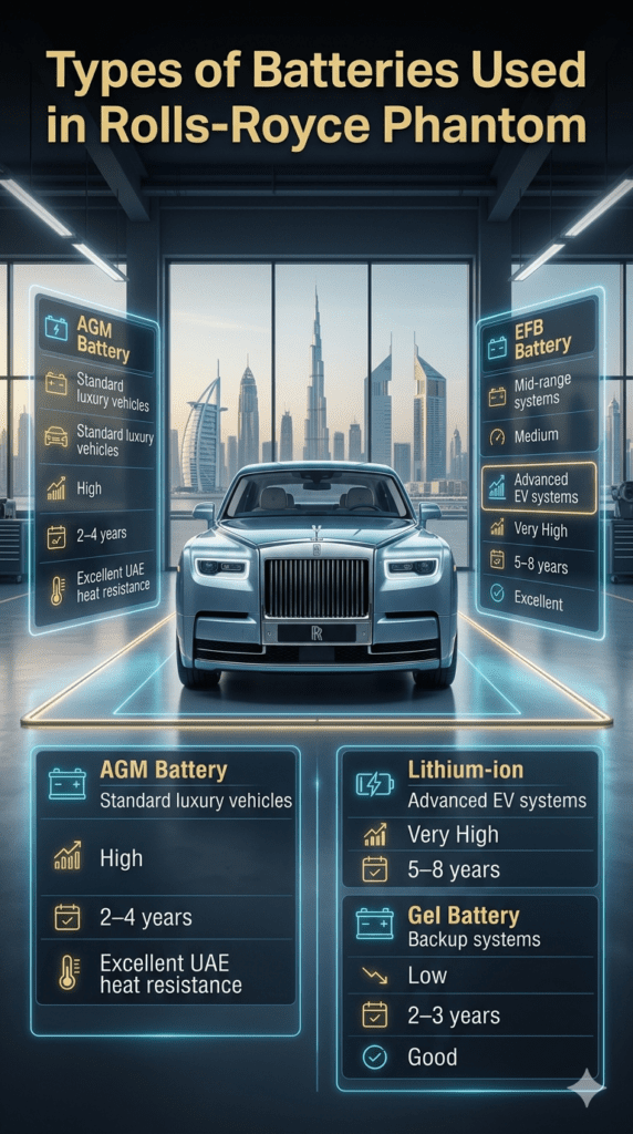 Luxury automotive infographic showing Rolls-Royce Phantom with holographic battery comparison table including AGM, EFB, Lithium-ion, and Gel battery types.