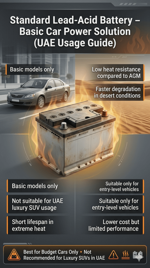 Standard lead-acid car battery infographic showing basic performance limitations, short lifespan in UAE heat, and unsuitable usage for luxury SUVs in Dubai conditions.