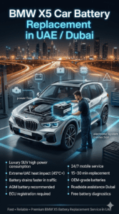 Read more about the article BMW X5 Car Battery Replacement in UAE / Dubai – Fast Mobile Service, Cost & Genuine AGM Battery Guide 2026