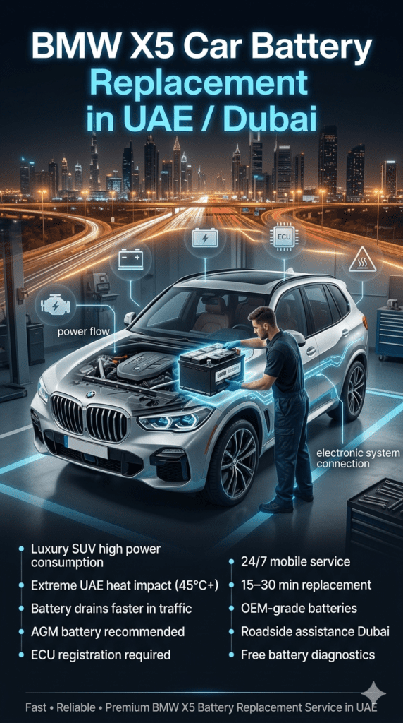 Premium infographic showing BMW X5 Car Battery Replacement in UAE with Dubai skyline, luxury SUV center focus, technician installing battery, and service benefits highlighted on both sides.