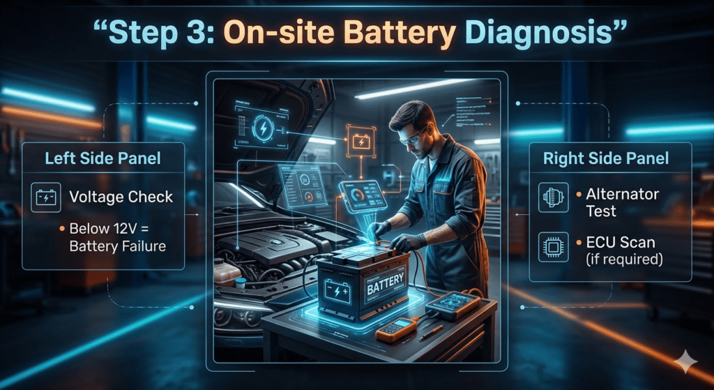 Step 3: On-site Battery Diagnosis – Professional Car Inspection Guide Professional car battery diagnostic process showing voltage check, alternator testing, and ECU scanning in a modern automotive workshop.