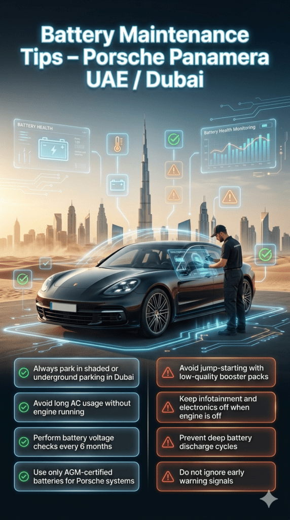 Porsche Panamera Battery Maintenance Tips UAE / Dubai – Expert Guide Luxury infographic showing Porsche Panamera battery maintenance tips in UAE/Dubai, including parking advice, voltage checks, AGM battery use, and safe charging practices.