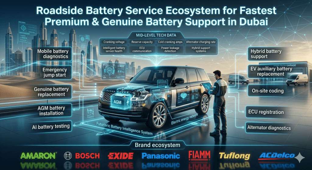 Dubai premium roadside battery ecosystem showing AI diagnostics, AGM battery installation, EV support, and floating service network elements connected to luxury vehicle.