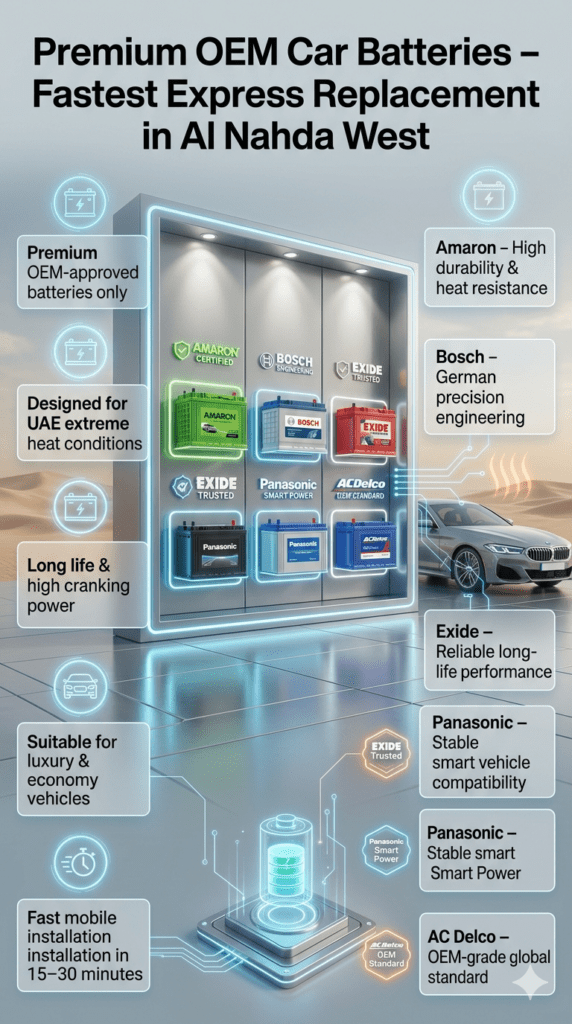 Premium infographic showing OEM car battery brands including Amaron, Bosch, Exide, Panasonic, and AC Delco with luxury automotive styling and UAE heat-resistance focus.