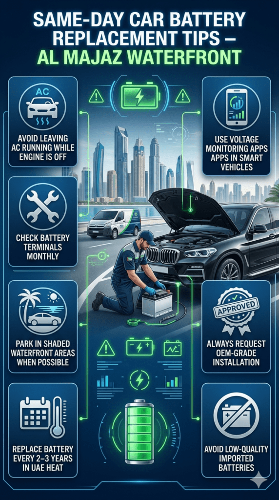 Luxury automotive infographic showing roadside car battery replacement near waterfront with technician installing battery and safety tips displayed in structured panels on both sides.