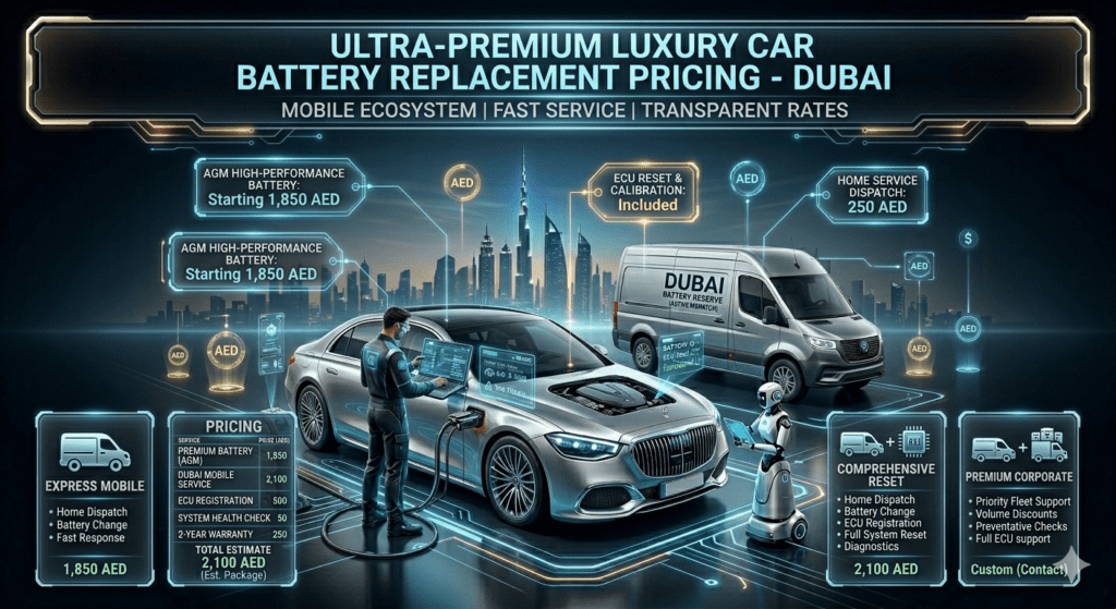 Futuristic automotive pricing infographic showing luxury car battery replacement costs in Dubai with a central vehicle image, holographic pricing table for AGM, EFB, lithium and OEM batteries, and service package icons for roadside, home installation, ECU coding, and fleet services in a premium digital UI design.
