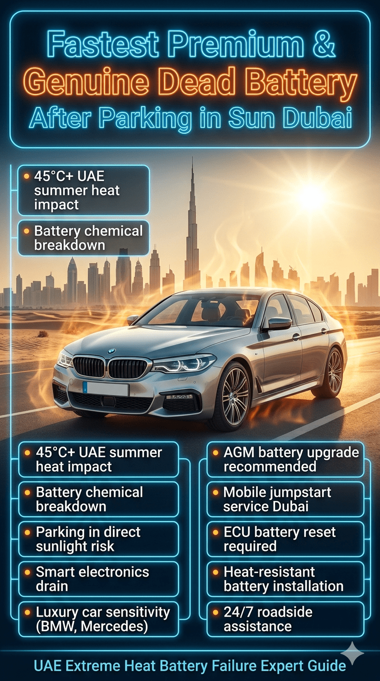 Luxury car battery failure after parking in extreme sun in Dubai showing heat damage, warning signs, and professional roadside battery replacement guide infographic