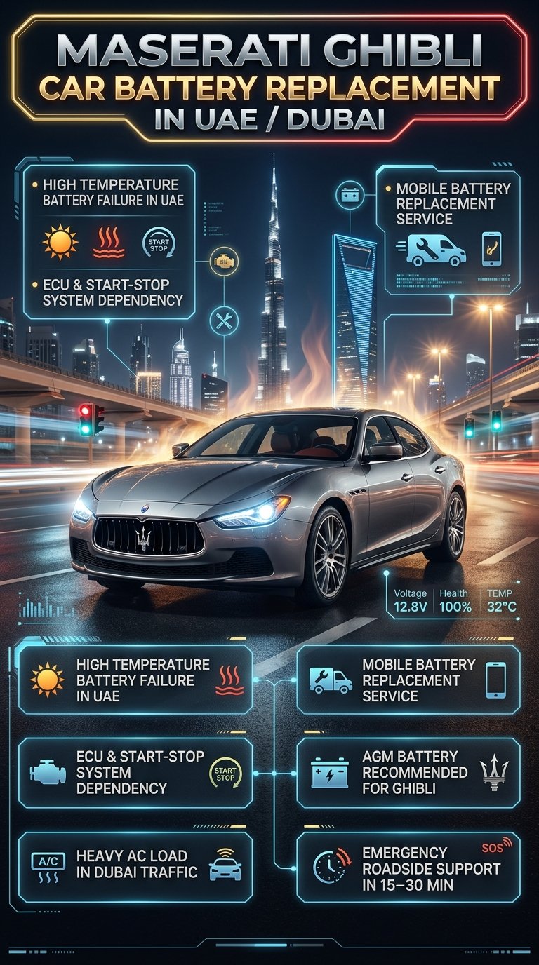 Maserati Ghibli Car Battery Replacement in UAE Dubai infographic showing luxury sedan in Dubai night skyline with key battery failure reasons and mobile replacement service highlights