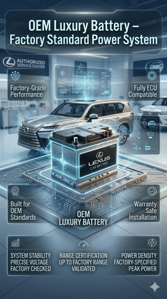OEM luxury battery for Toyota and Lexus vehicles showing factory-grade performance, ECU compatibility and warranty-safe installation in a premium automotive showroom environment.