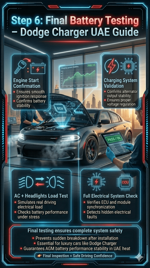 Futuristic Dodge Charger final battery testing scene showing engine start confirmation, AC and headlight load test, and charging system validation inside a premium Dubai workshop with digital diagnostic overlays.