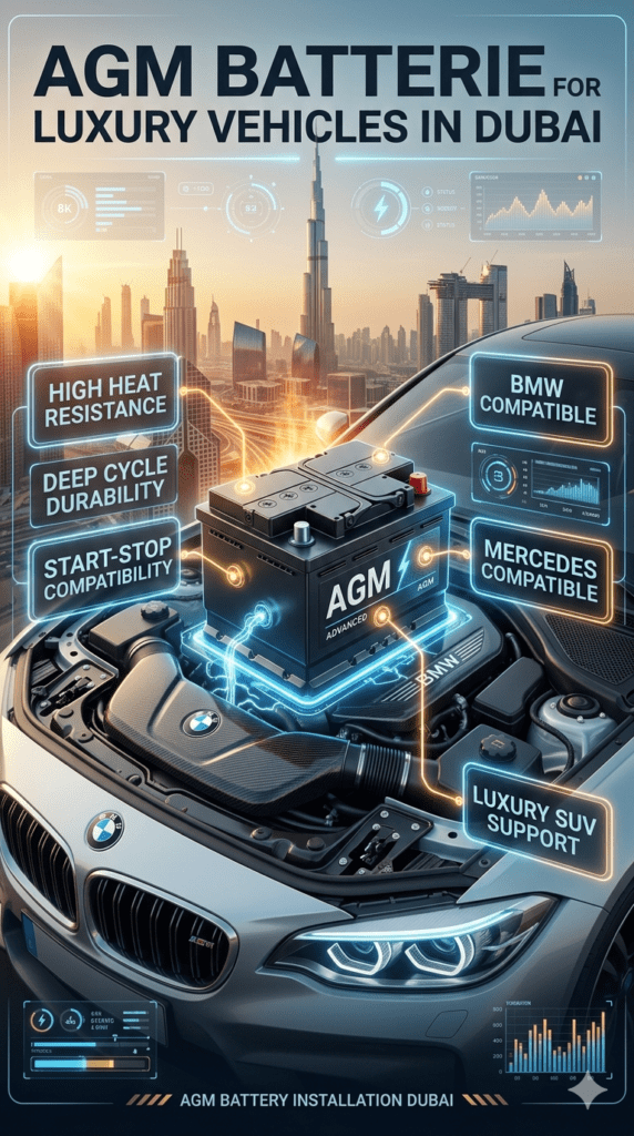 AGM battery installation and performance guide for luxury vehicles in Dubai showing heat resistance, durability, and compatibility with BMW and Mercedes cars.