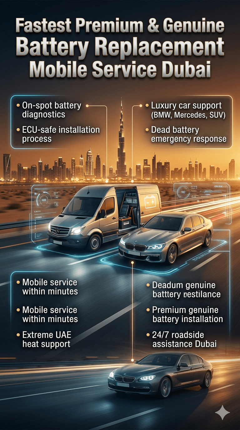 Premium infographic showing fastest mobile car battery replacement service in Dubai with luxury vehicle roadside assistance, diagnostics, and emergency support.